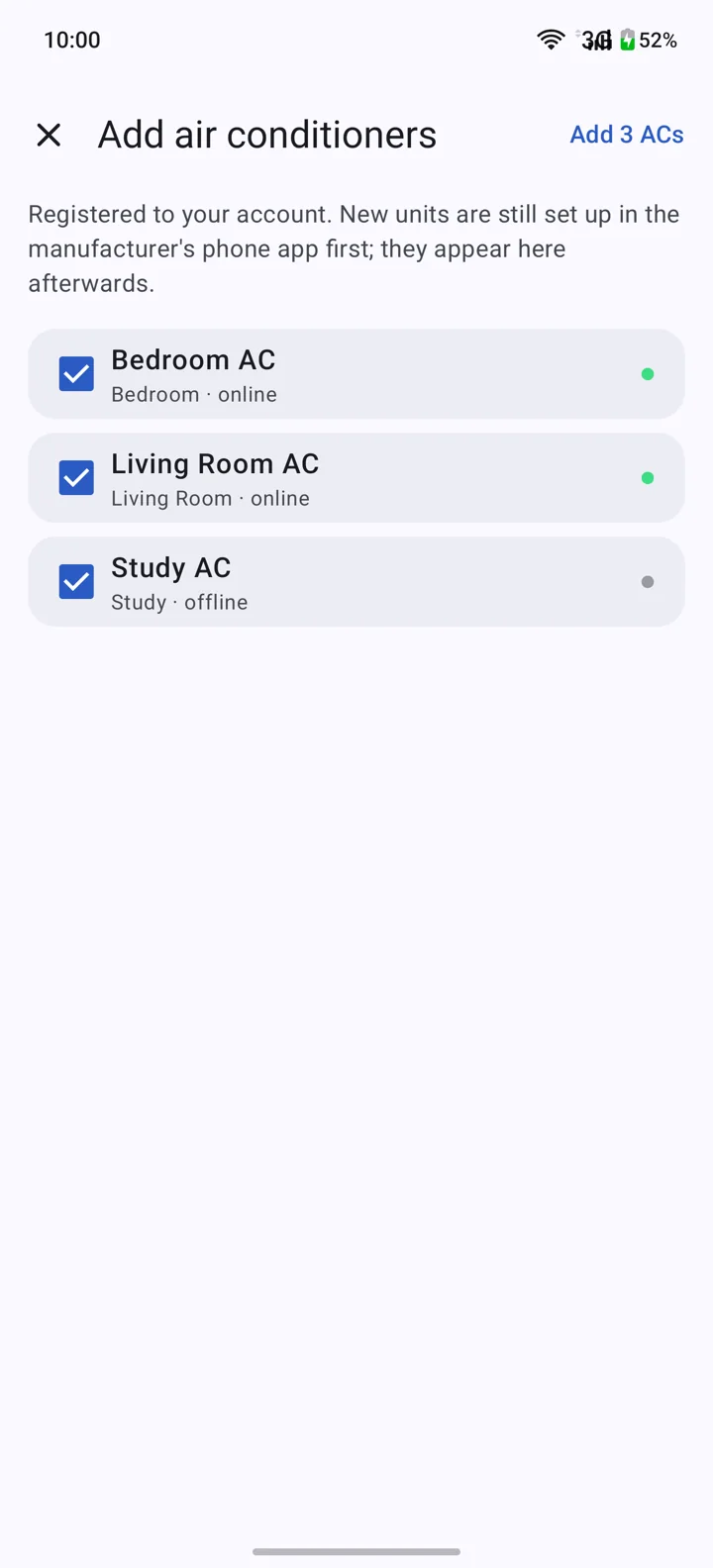 Add air conditioners: Bedroom AC and Living Room AC online, Study AC offline, all ticked, with an Add 3 ACs button.