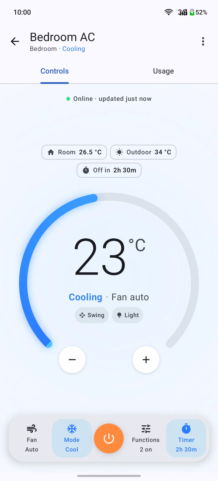 SMGS Hub on a phone: Bedroom AC at 23 °C, Cooling, with room and outdoor temperature, a timer chip, the thermostat dial and the control dock.