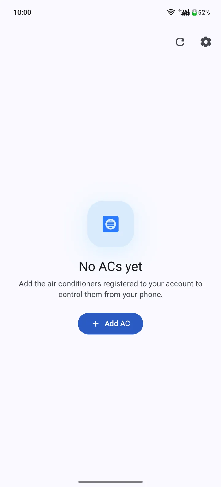 The app with no ACs yet: a 'No ACs yet' message and an Add AC button.