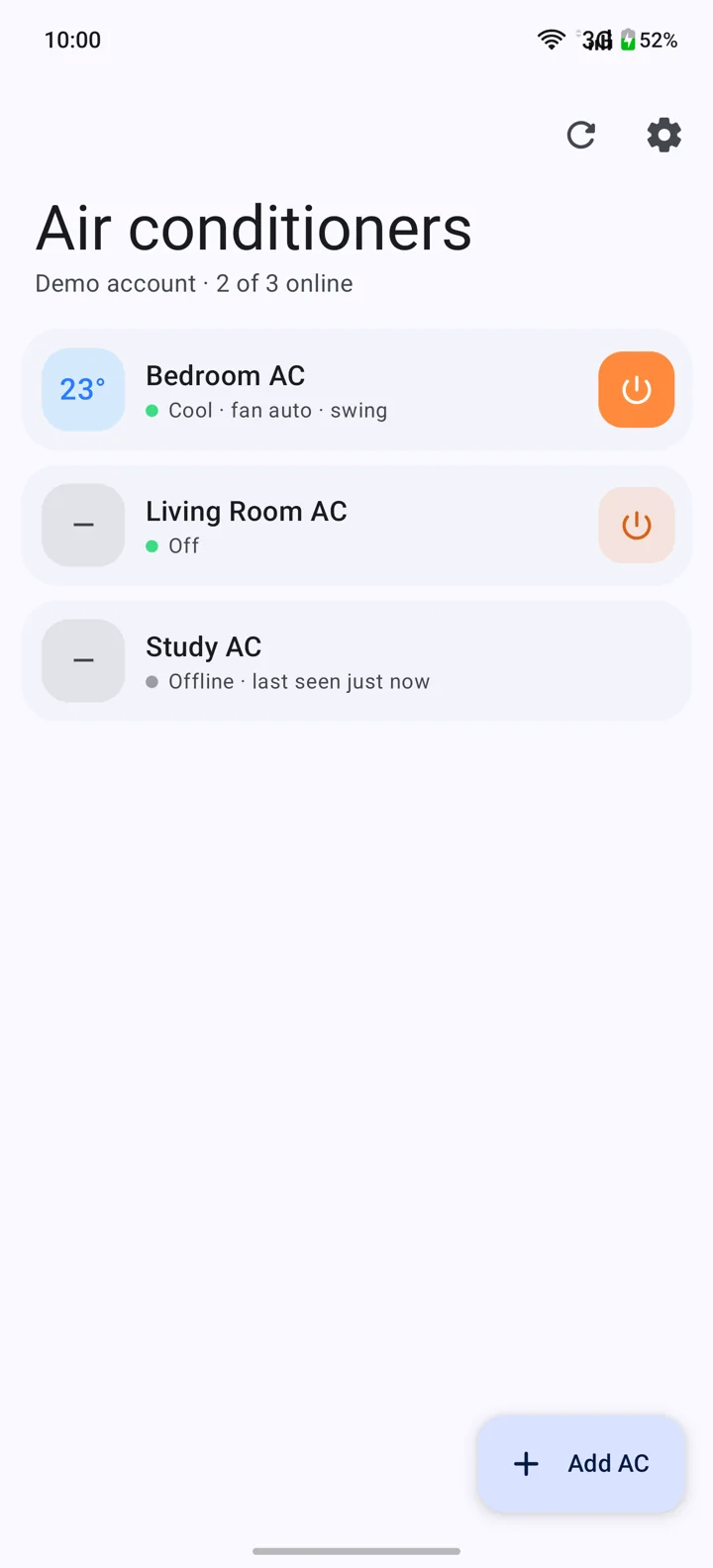 The SMGS Hub AC list on Android.