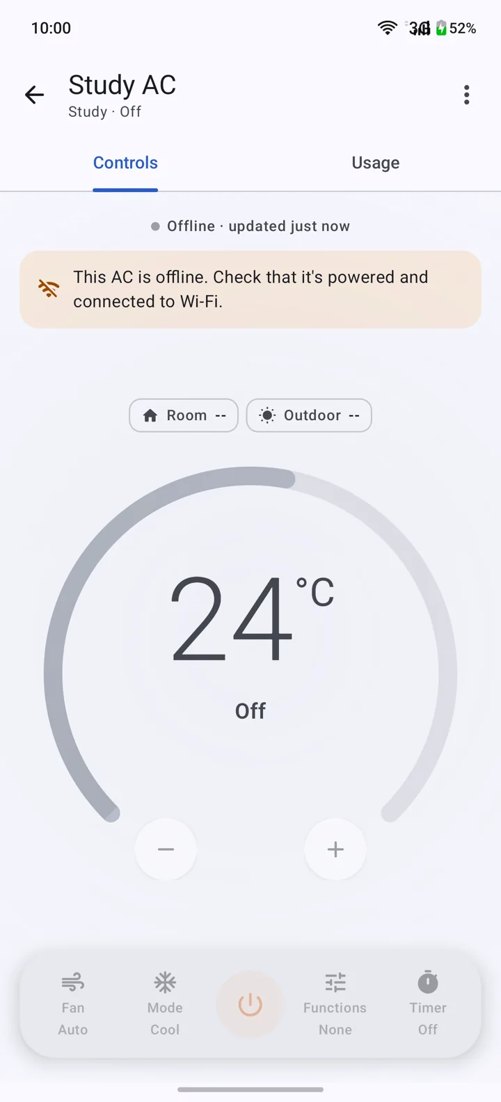 Study AC offline: a banner reads 'This AC is offline. Check that it's powered and connected to Wi-Fi.' and all controls are dimmed.