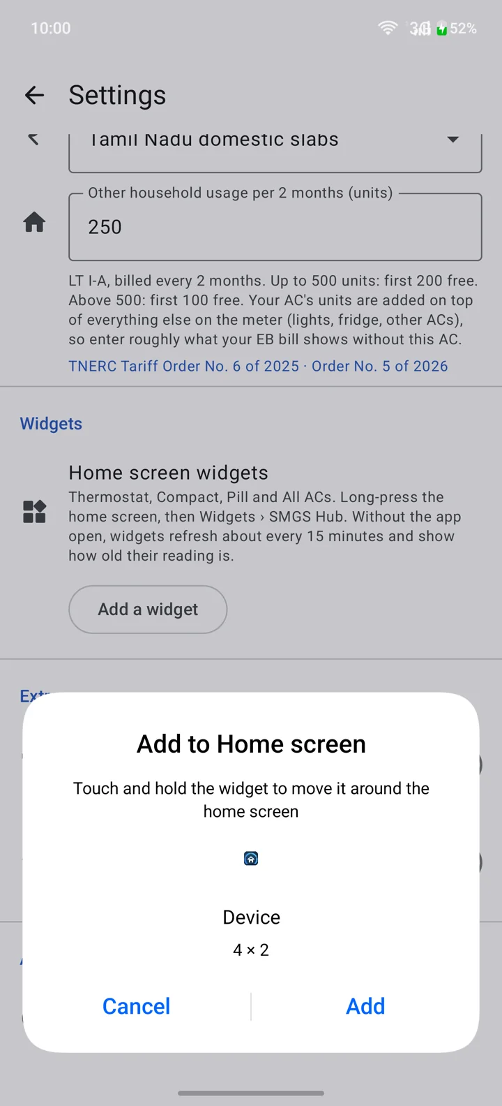 Android's Add to Home screen dialog for the SMGS Hub Device widget, 4 by 2.
