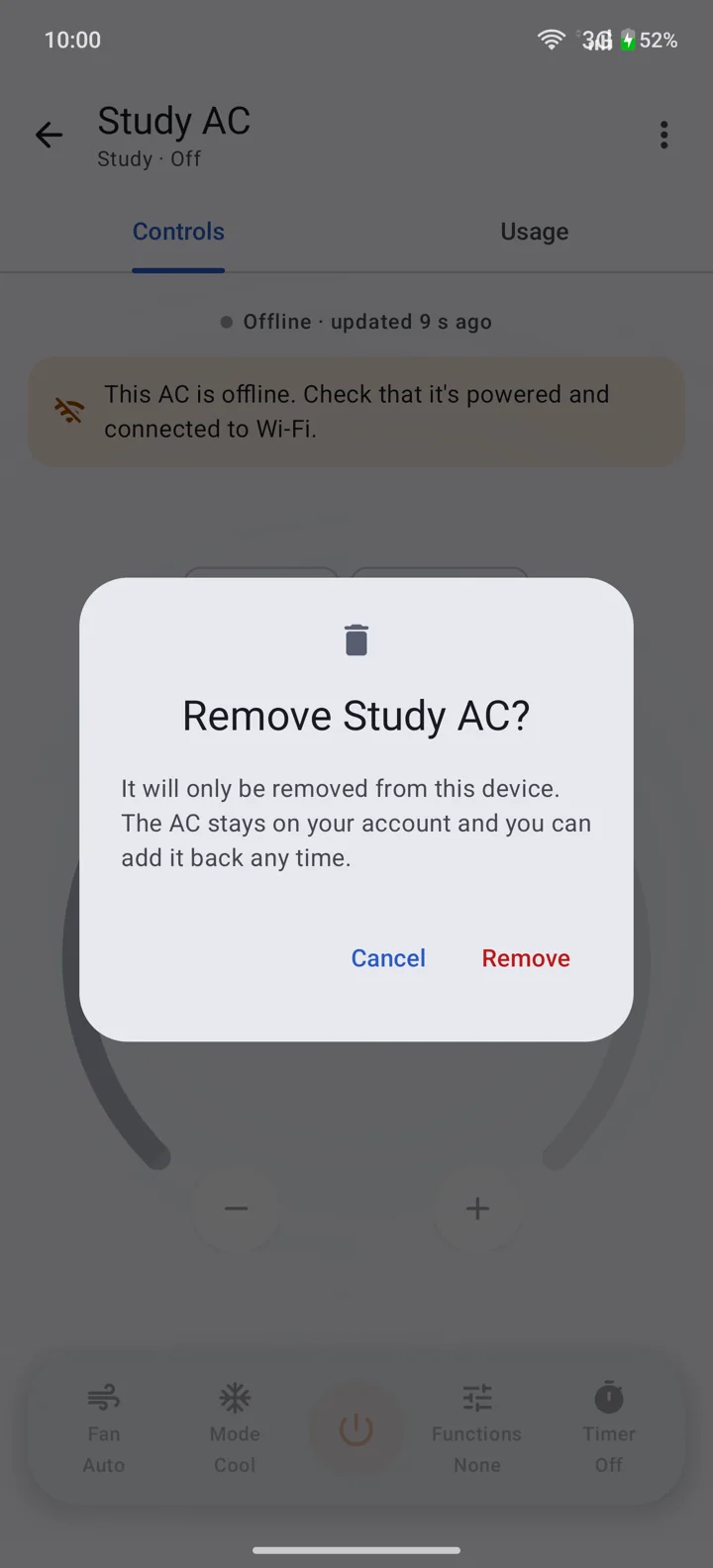 Remove Study AC? It will only be removed from this device. The AC stays on your account and you can add it back any time. Cancel or Remove.