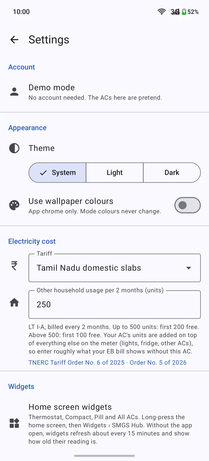 Settings: Account, Appearance with System, Light and Dark and Use wallpaper colours, and Electricity cost with Tamil Nadu domestic slabs.