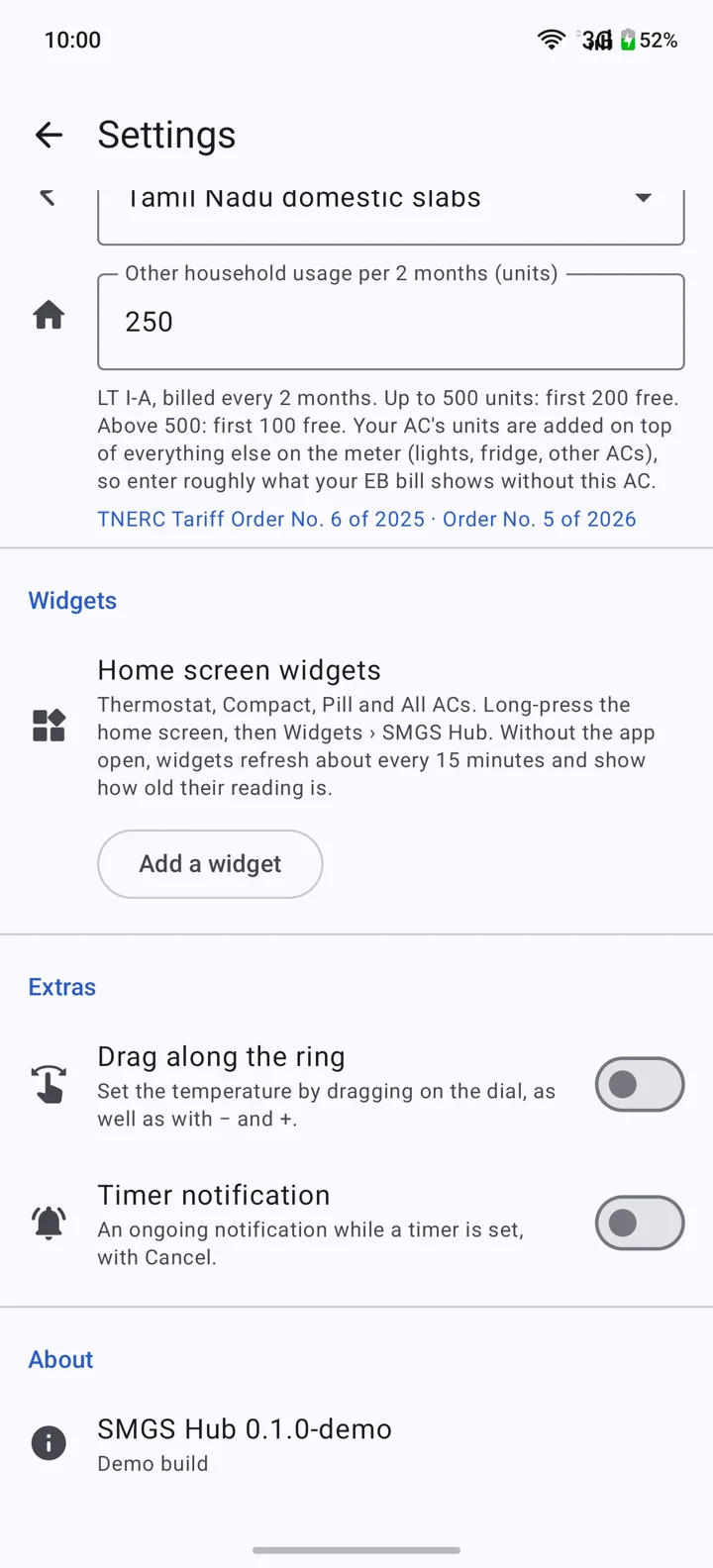 More settings: household usage, home screen widgets with Add a widget, Drag along the ring, Timer notification, and About.