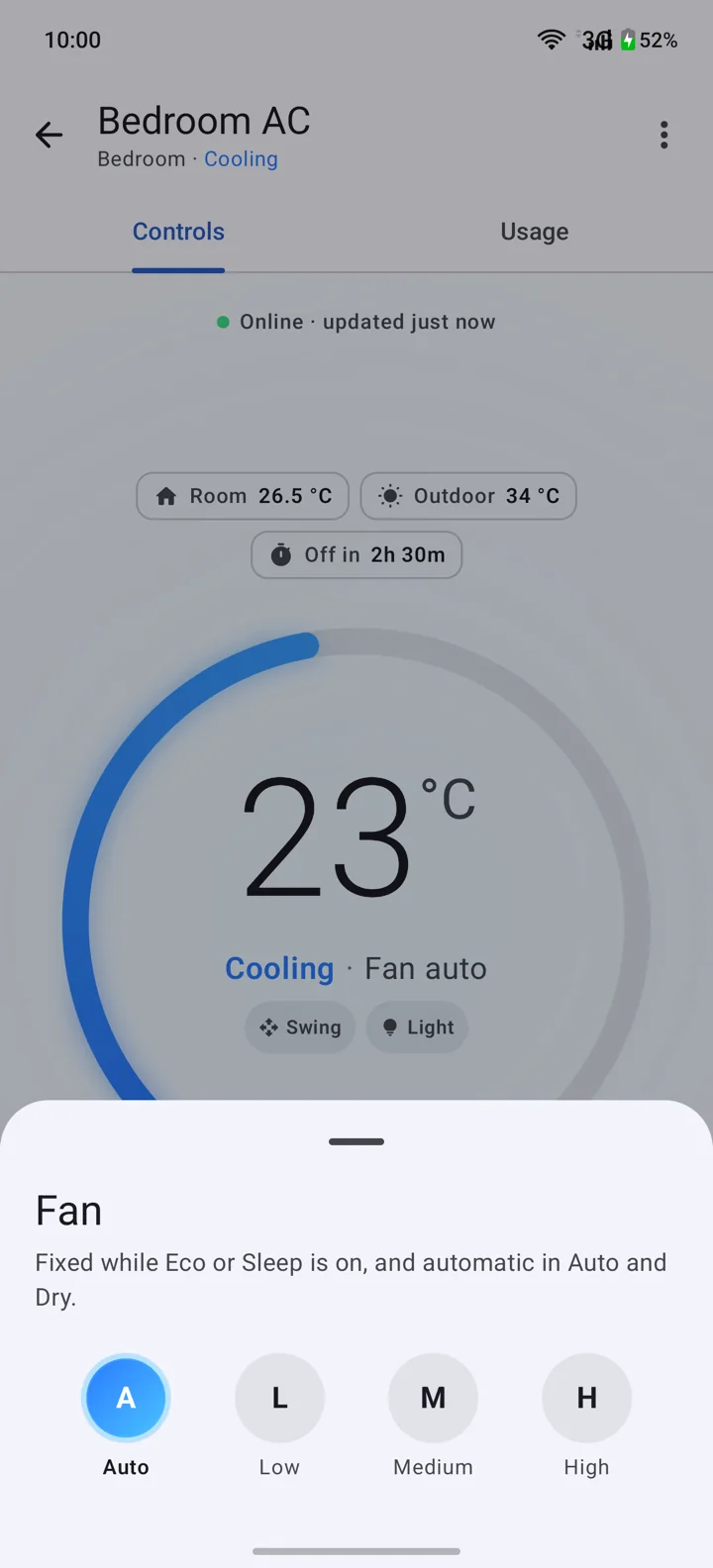 The Fan sheet with Auto, Low, Medium and High.