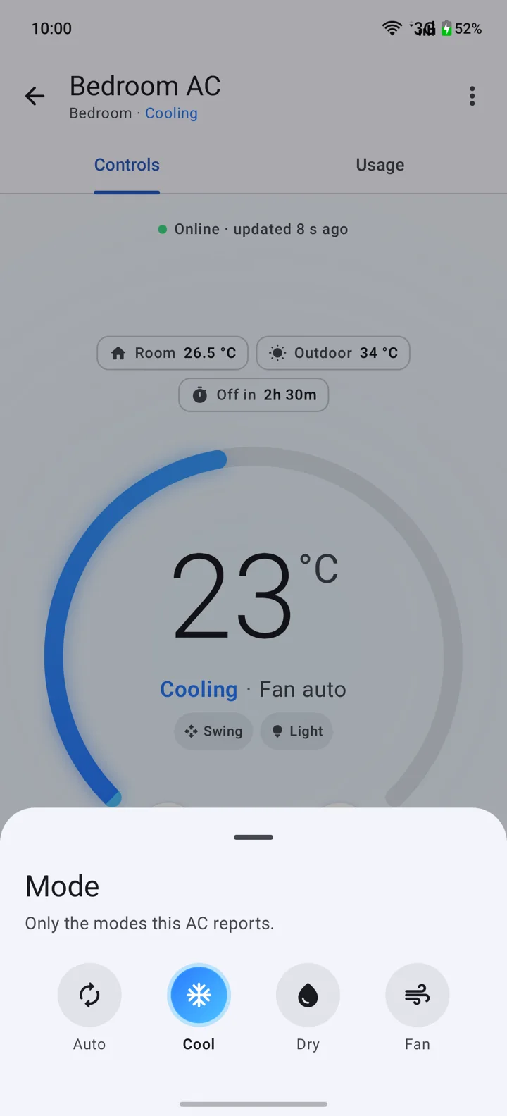 The Mode sheet with Auto, Cool, Dry and Fan, Cool selected.