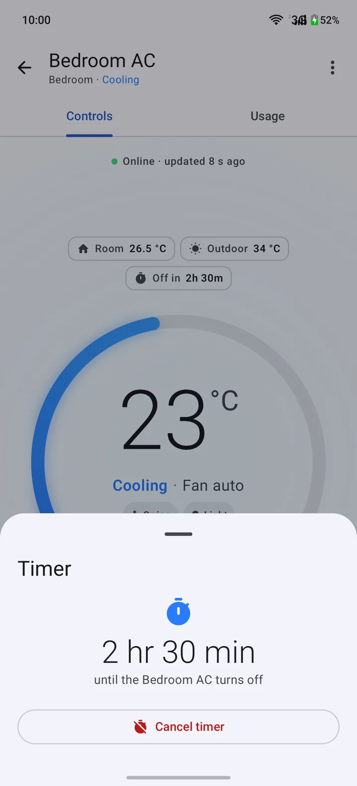 The Timer sheet with a timer running: 2 hr 30 min, with a Cancel timer button.