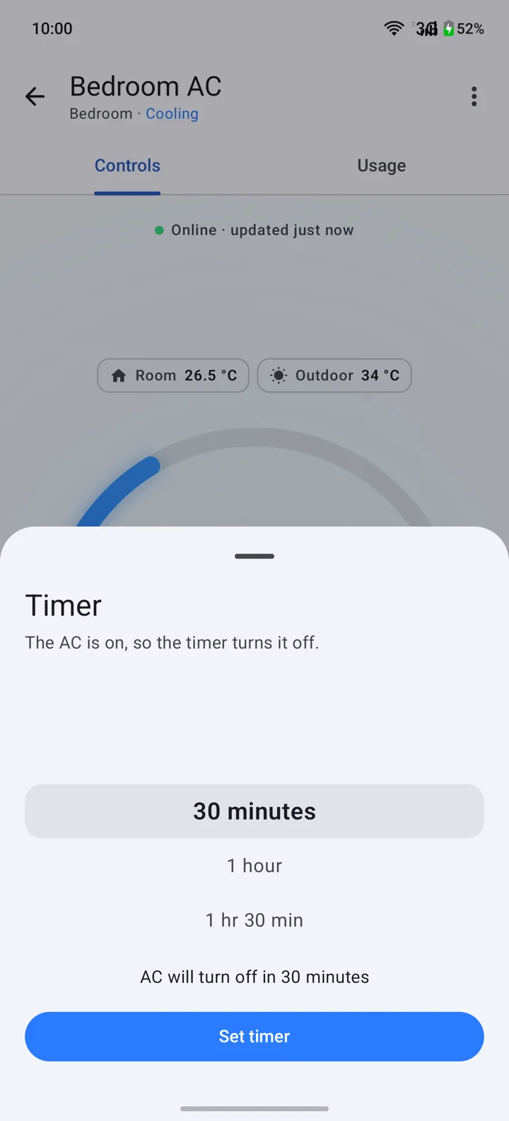 The Timer sheet: 'The AC is on, so the timer turns it off', a list of durations from 30 minutes, and a Set timer button.