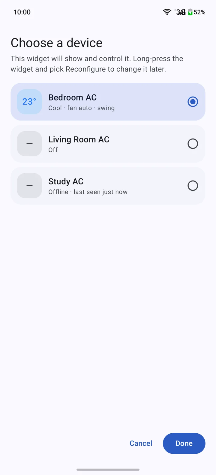 Choose a device: the widget's picker listing Bedroom AC, Living Room AC and Study AC.