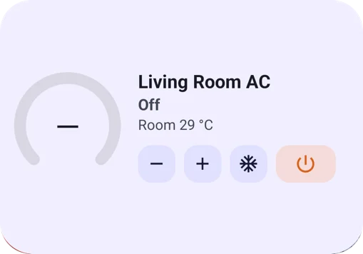 The Device widget for Living Room AC, off, with Room 29 °C and the power button.
