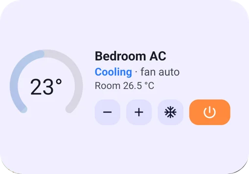 The Device widget for Bedroom AC: a ring showing 23 degrees, Cooling · fan auto, Room 26.5 °C, and buttons for minus, plus, mode and power.
