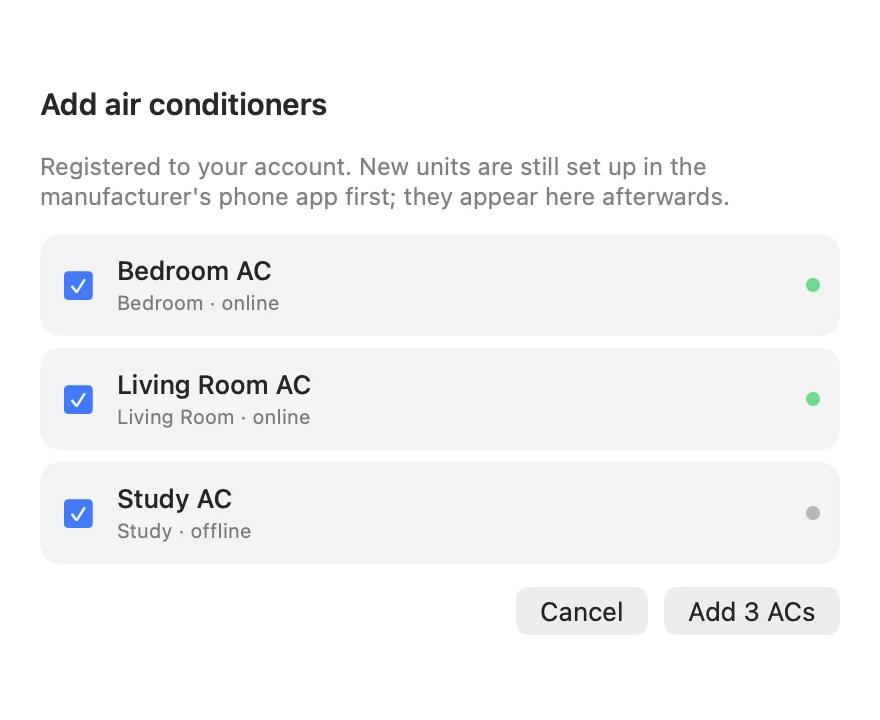 The Add air conditioners sheet listing Bedroom AC, Living Room AC and Study AC, all ticked, with online and offline dots.