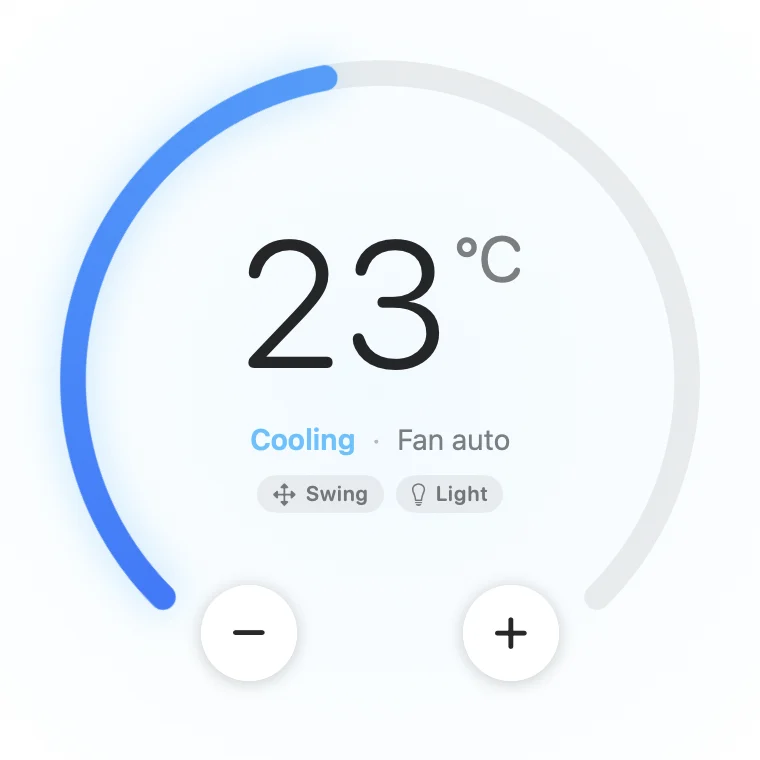 Close-up of the dial at 23 °C, Cooling, Fan auto, with Swing and Light tags.