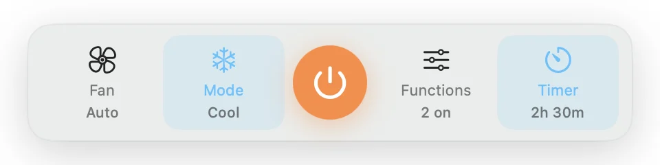 The control dock: Fan Auto, Mode Cool, Power, Functions 2 on, Timer 2h 30m.