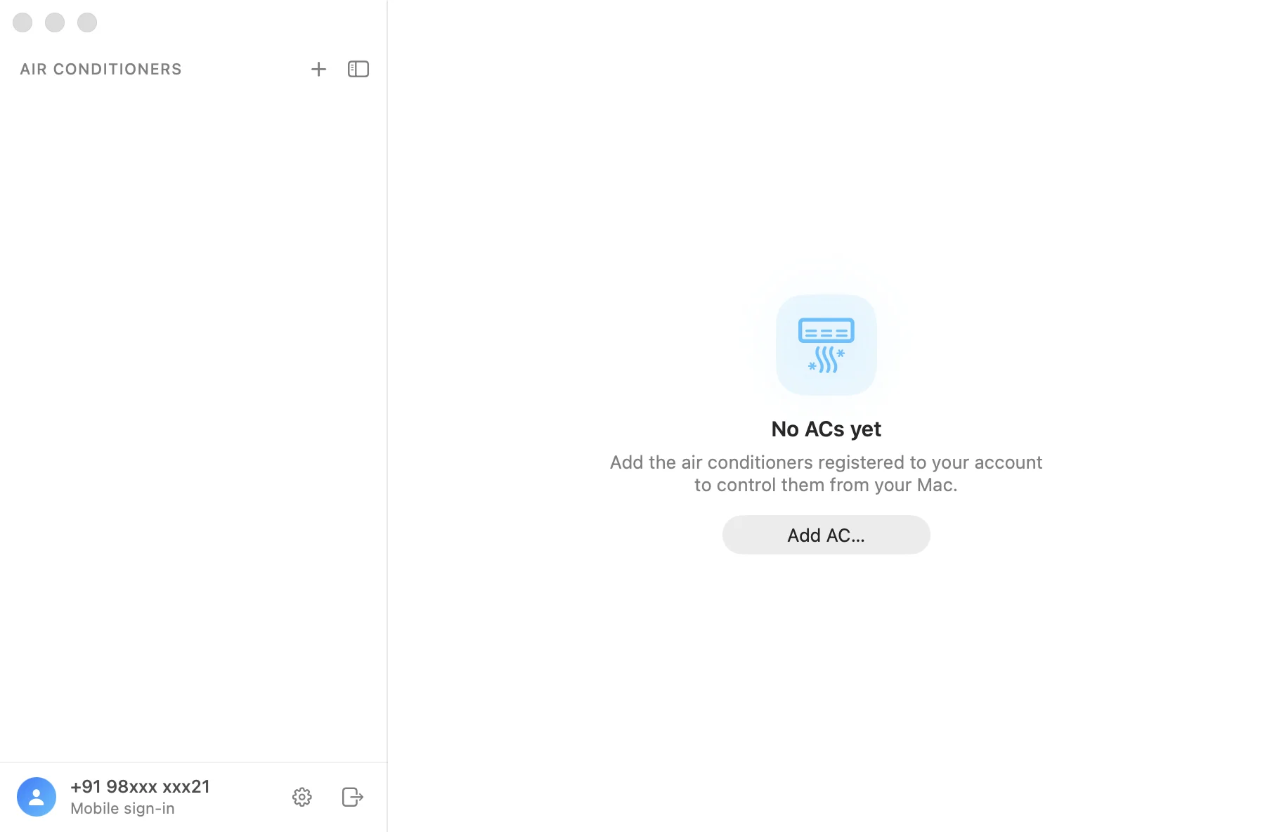 The window with no ACs added, showing a 'No ACs yet' message and an Add AC button.