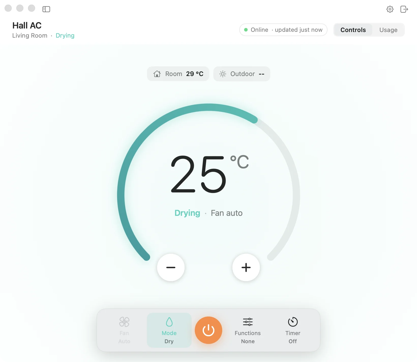 The window with the sidebar hidden, showing Hall AC drying at 25 °C, with sidebar, settings and sign-out buttons in a slim top bar.
