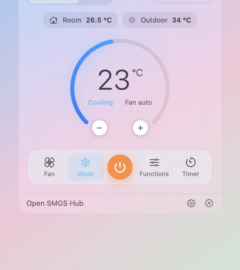 The menu bar widget: a frosted glass panel with Bedroom and Hall chips, room temperature, a compact dial at 23 °C and the control dock.