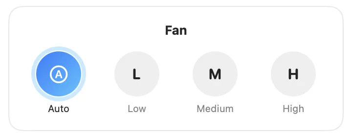 Fan popover with Auto, L, M and H.