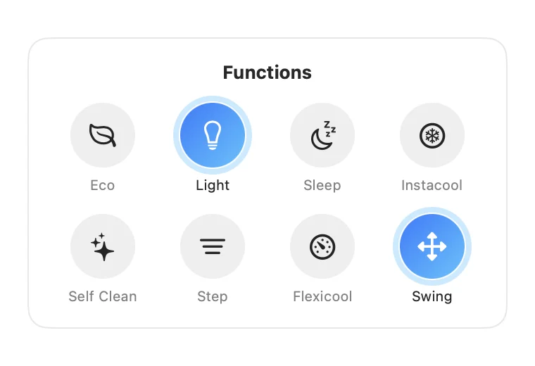 Functions popover: Eco, Light, Sleep, Instacool, Self Clean, Step, Flexicool and Swing, with Light and Swing on.