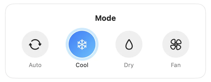 Mode popover with Auto, Cool, Dry and Fan.