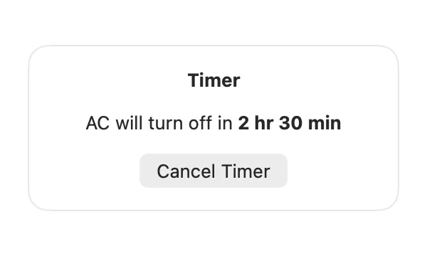 Timer popover reading 'AC will turn off in 2 hr 30 min' with a Cancel Timer button.
