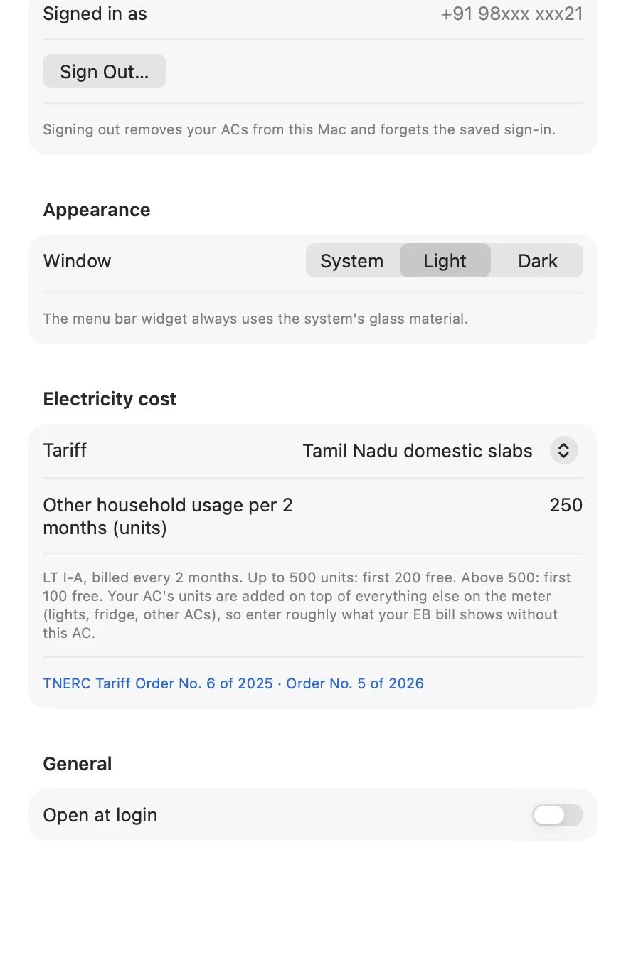 Settings: Account, Appearance, Electricity cost with Tamil Nadu slabs and 250 other household units, and Open at login.
