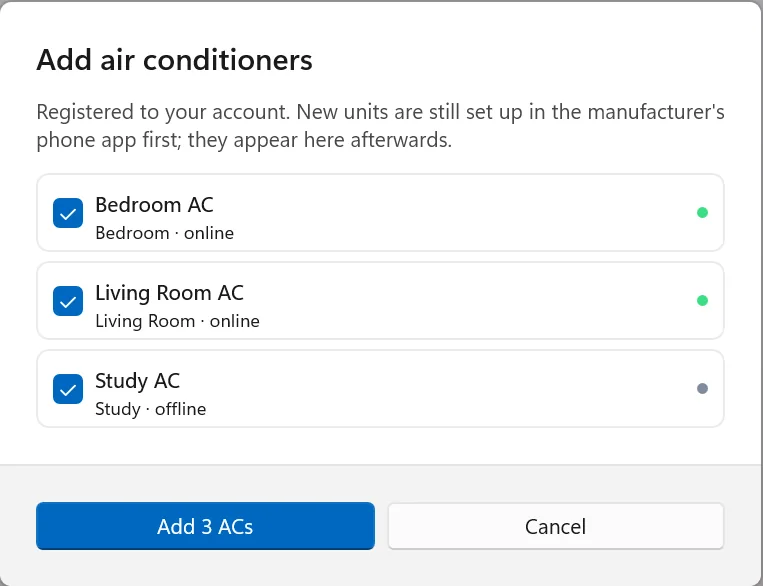 The Add air conditioners dialog listing Bedroom AC, Living Room AC and Study AC, all ticked, with online and offline dots, and Add 3 ACs and Cancel buttons.