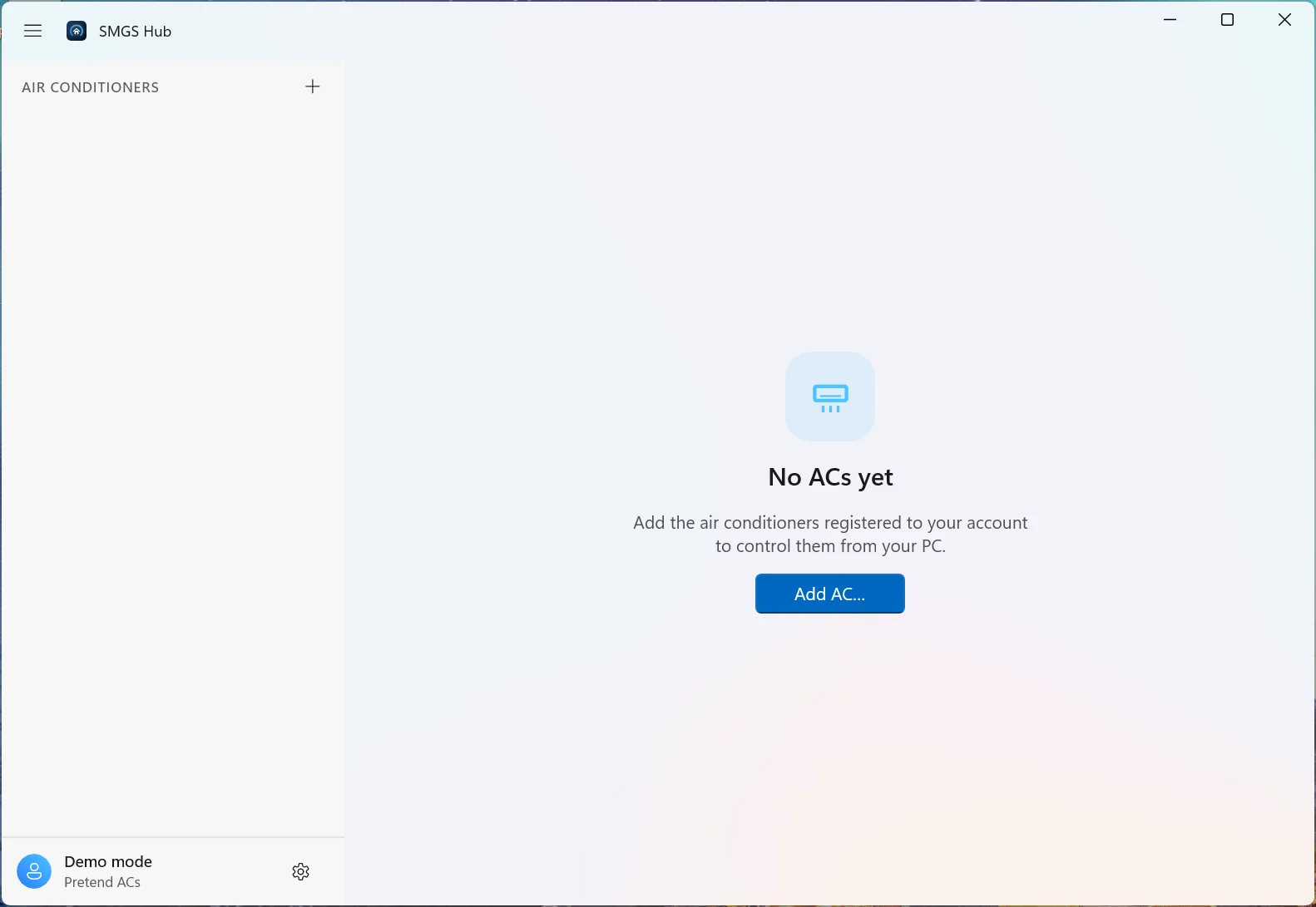 The window with no ACs added, showing a 'No ACs yet' message and an Add AC button.