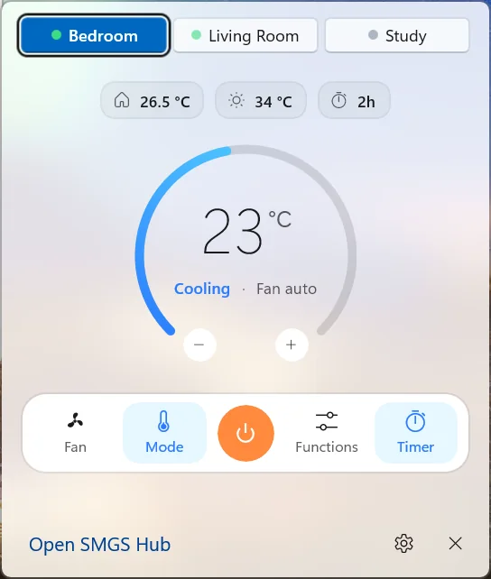 The quick-controls flyout: Bedroom, Living Room and Study buttons, room, outdoor and timer readings as icon and value, a compact dial at 23 °C and the control dock, with Open SMGS Hub, Settings and Exit at the bottom.