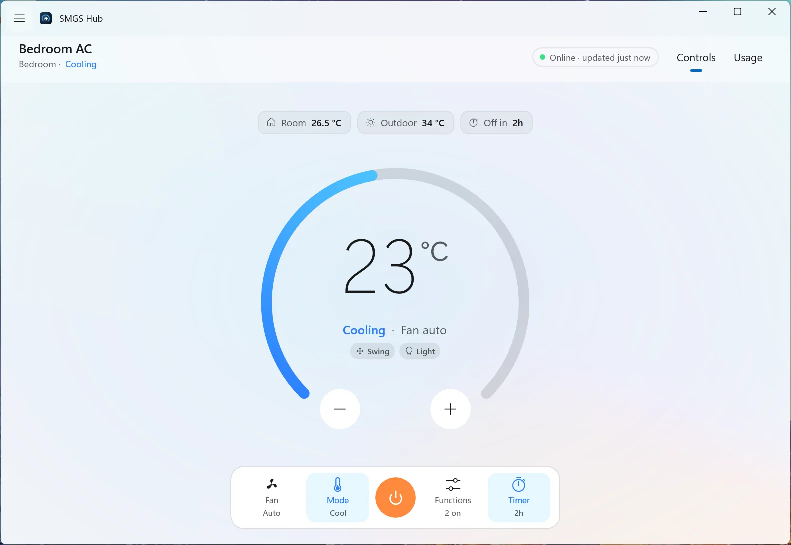 The window with the AC list hidden, showing Bedroom AC cooling at 23 °C across the full width.
