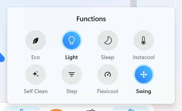 Functions flyout: Eco, Light, Sleep, Instacool, Self Clean, Step, Flexicool and Swing, with Light and Swing on.