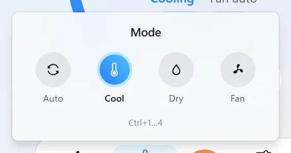 Mode flyout with Auto, Cool, Dry and Fan, and the hint Ctrl+1…4.