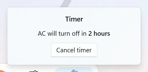 Timer flyout reading that the AC will turn off in 2 hours, with a Cancel timer button.