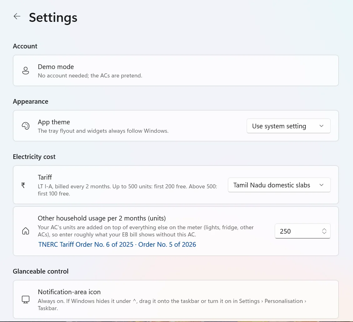 Settings: Account (demo mode), Appearance with Use system setting, Electricity cost with Tamil Nadu slabs and 250 other household units, and Glanceable control.