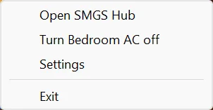 The taskbar icon's right-click menu: Open SMGS Hub, Turn the AC off, Settings, Exit.