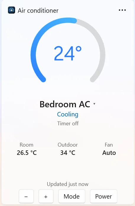 The large widget: a big dial at 24°, Bedroom AC, Cooling, Timer off, the Room, Outdoor and Fan readings, and the update time above the −, +, Mode and Power buttons.