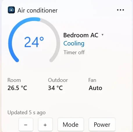 The medium widget: a dial at 24°, Bedroom AC, Cooling, Timer off; Room, Outdoor and Fan readings; and −, +, Mode and Power buttons.