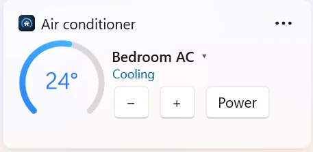 The small widget: the dial at 24° on the left; Bedroom AC, Cooling, and −, + and Power buttons on the right.